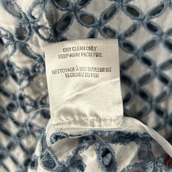 Samuel Dong Eyelet Cutout Button Down Long Sleeve Blouse, Blue White Sz Medium - Picture 13 of 16